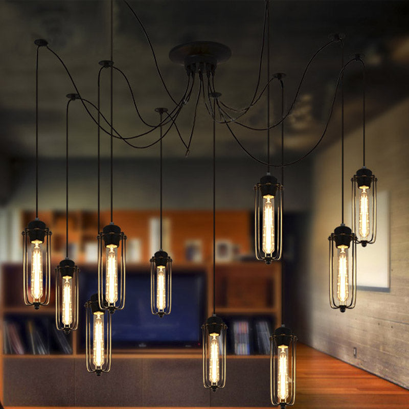 Vintage Swag Pendant Light with Cage Shade 10 Heads Metal Adjustable Hanging Lamp in Black for Dining Room