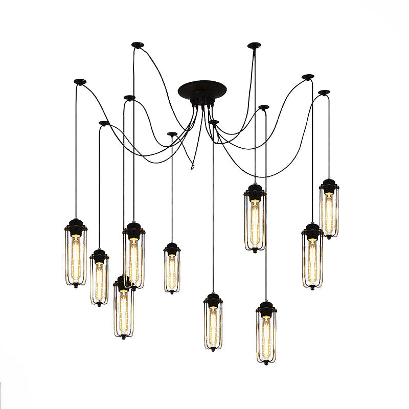 Vintage Swag Pendant Light with Cage Shade 10 Heads Metal Adjustable Hanging Lamp in Black for Dining Room