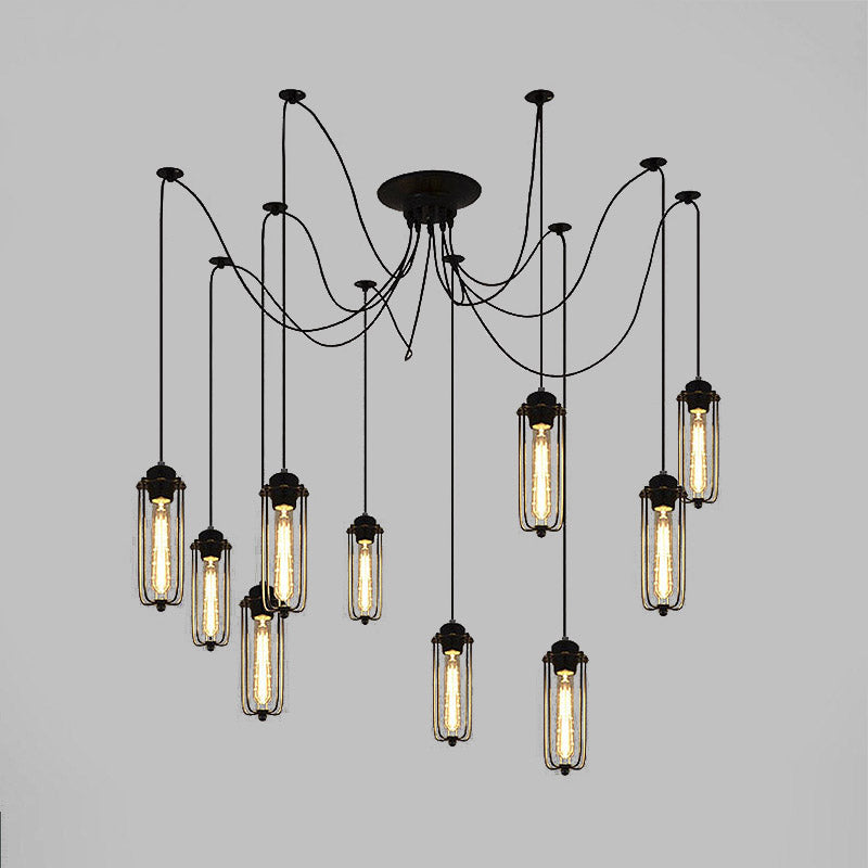 Vintage Swag Pendant Light with Cage Shade 10 Heads Metal Adjustable Hanging Lamp in Black for Dining Room