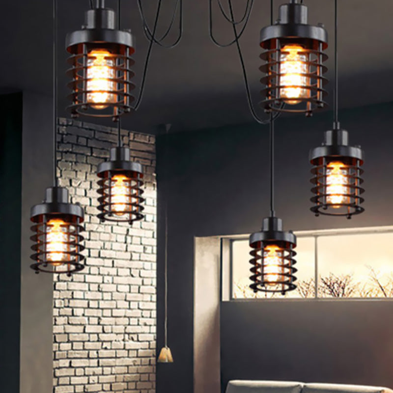 6 Leichte Eisendecke Beleuchtung Bauernhausstil Schwarz Zylinder Käfig Schatten Schlafzimmer Hängende Leuchte mit Spinnendesign