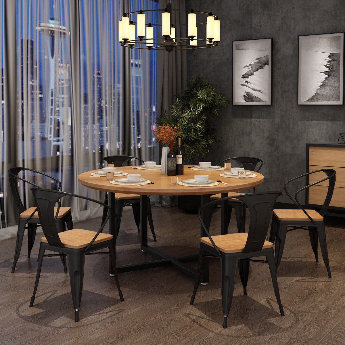 Metal Modern Round Indoor Table Pine Wood Top Table for Dining Room