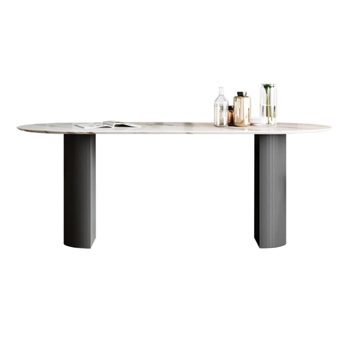 Luxury Sintered Stone Top Table Oval White Table with Black Double Pedestal