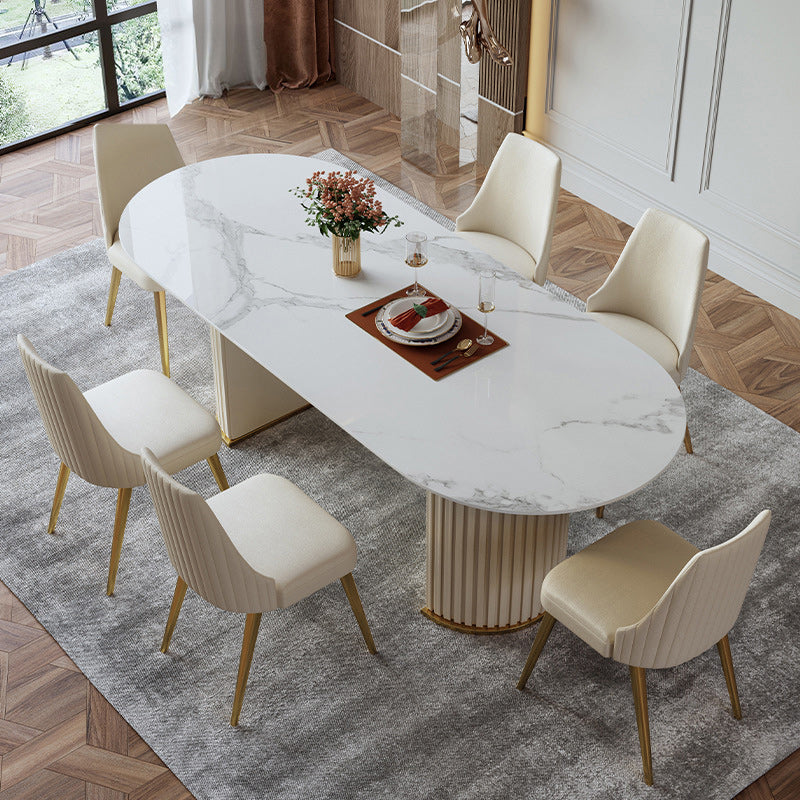 Luxury Sintered Stone Dining Table Oval White Table with Double Pedestal