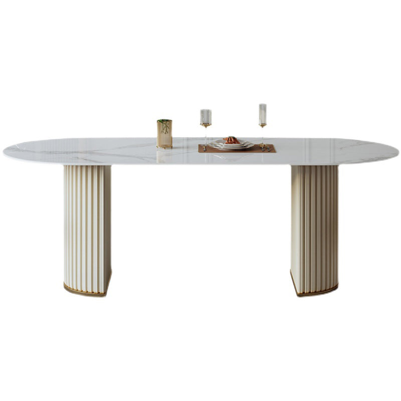 Luxury Sintered Stone Dining Table Oval White Table with Double Pedestal
