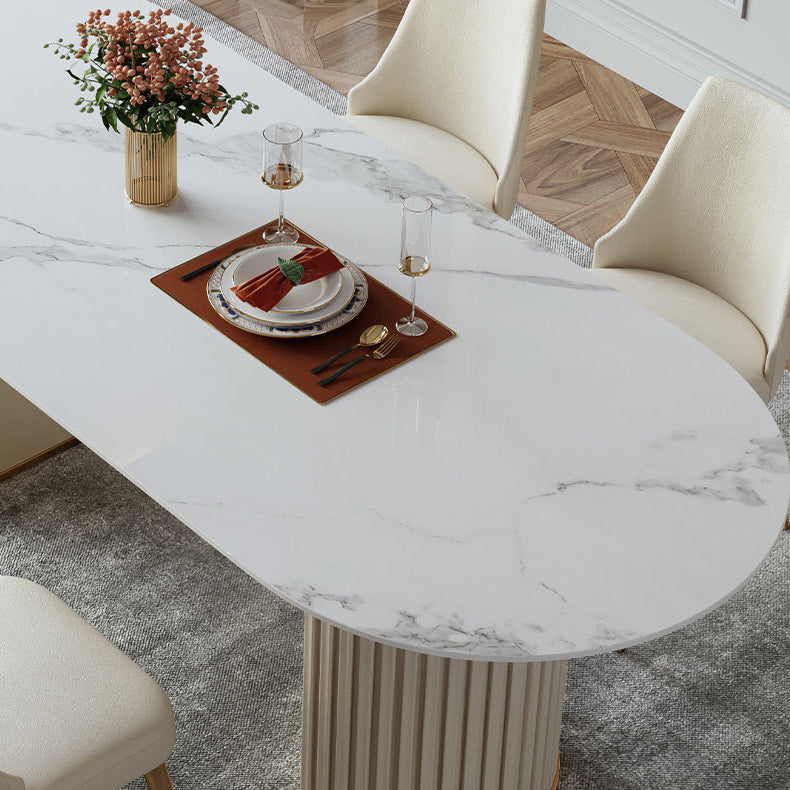 Luxury Sintered Stone Dining Table Oval White Table with Double Pedestal