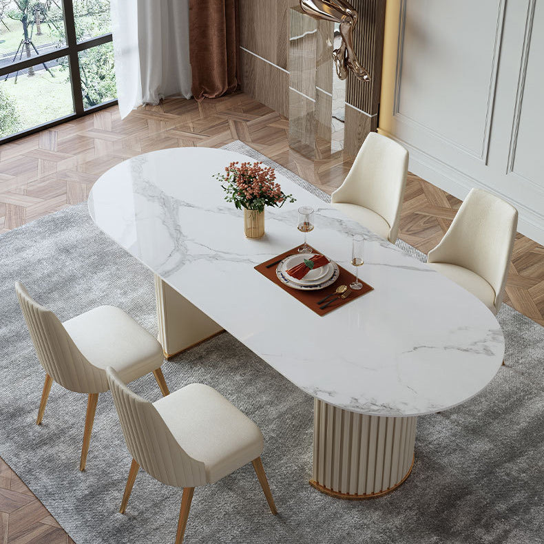 Luxury Sintered Stone Dining Table Oval White Table with Double Pedestal