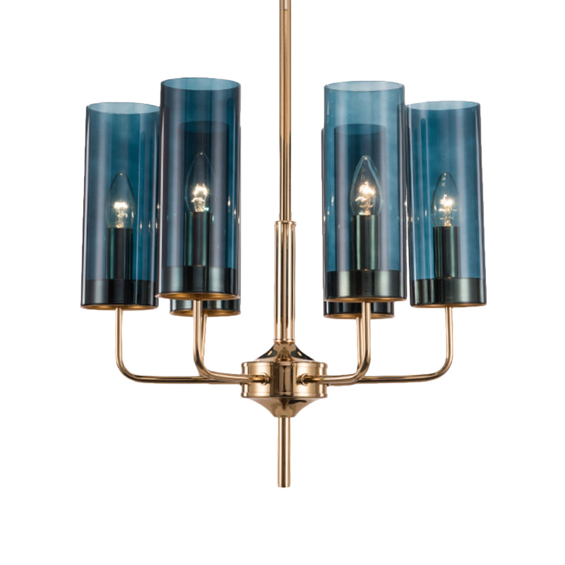Post Modern Cylinder Chandelier Blue/Amber Glass 6/10 Lights Living Room Hanging Light in Gold
