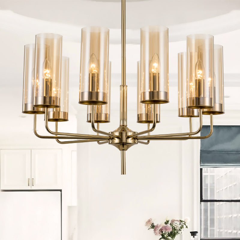 Post Modern Cylinder Chandelier Blue/Amber Glass 6/10 Lights Living Room Hanging Light in Gold