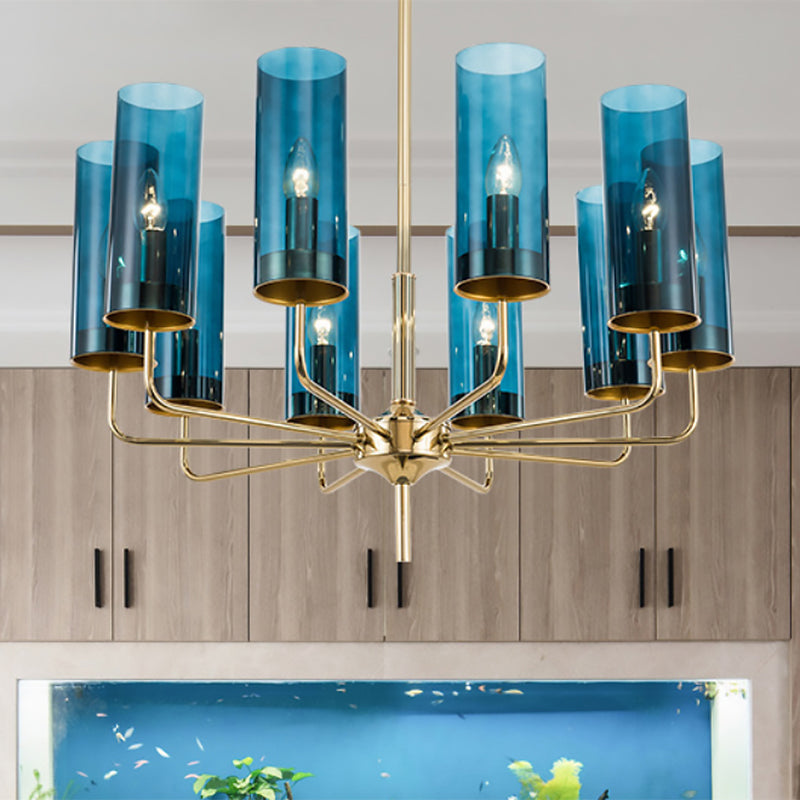 Post Modern Cylinder Chandelier Blue/Amber Glass 6/10 Lights Living Room Hanging Light in Gold