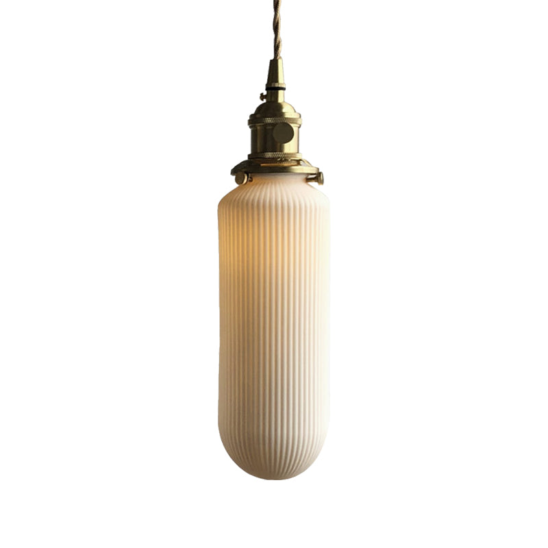 Ellipsoidal/Cylinder/Global Dining Room Pendant Lamp Ribbed Glass 1 Light Modern Hanging Light Kit in Ivory