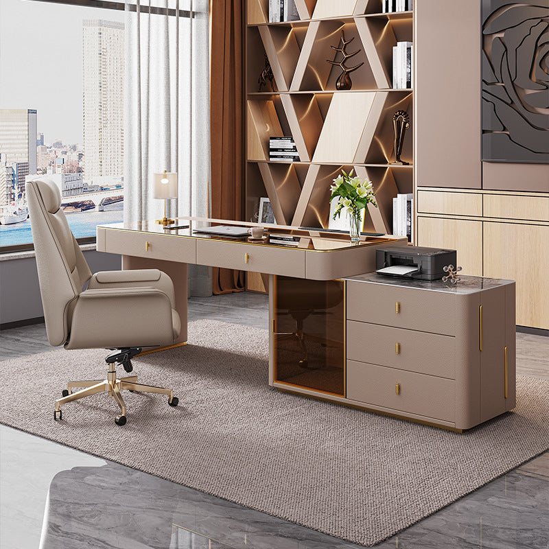 Glam Beige Executive Desk Cable Management Office Desk with Chrome Metal Base