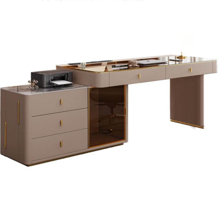 Glam Beige Executive Desk Cable Management Office Desk with Chrome Metal Base