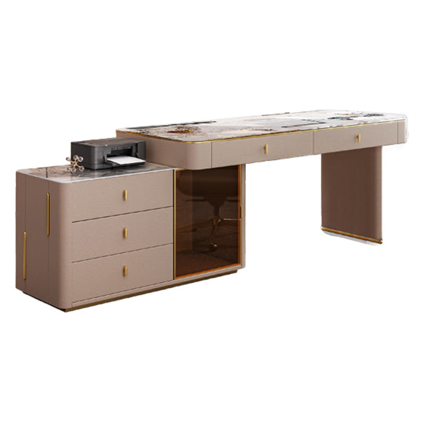 Glam Beige Executive Desk Cable Management Office Desk with Chrome Metal Base