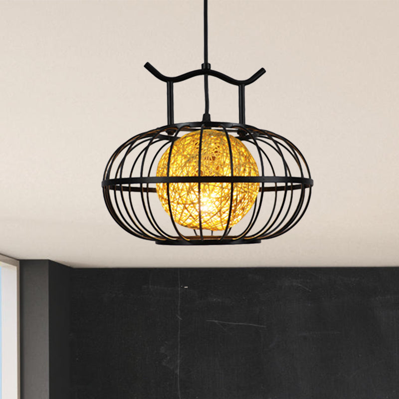 Caza de calabaza de metal Luz colgante colgante con sombra de bola de ratán interna Estilo asiático 1 Lámpara de suspensión de luz en rojo/amarillo
