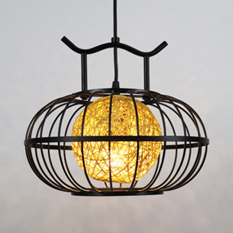 Metallkürbiskäfighängeanhänger Licht mit innerer Rattankugel Schatten Asian Style 1 Light Suspension Lampe in Rot/Gelb