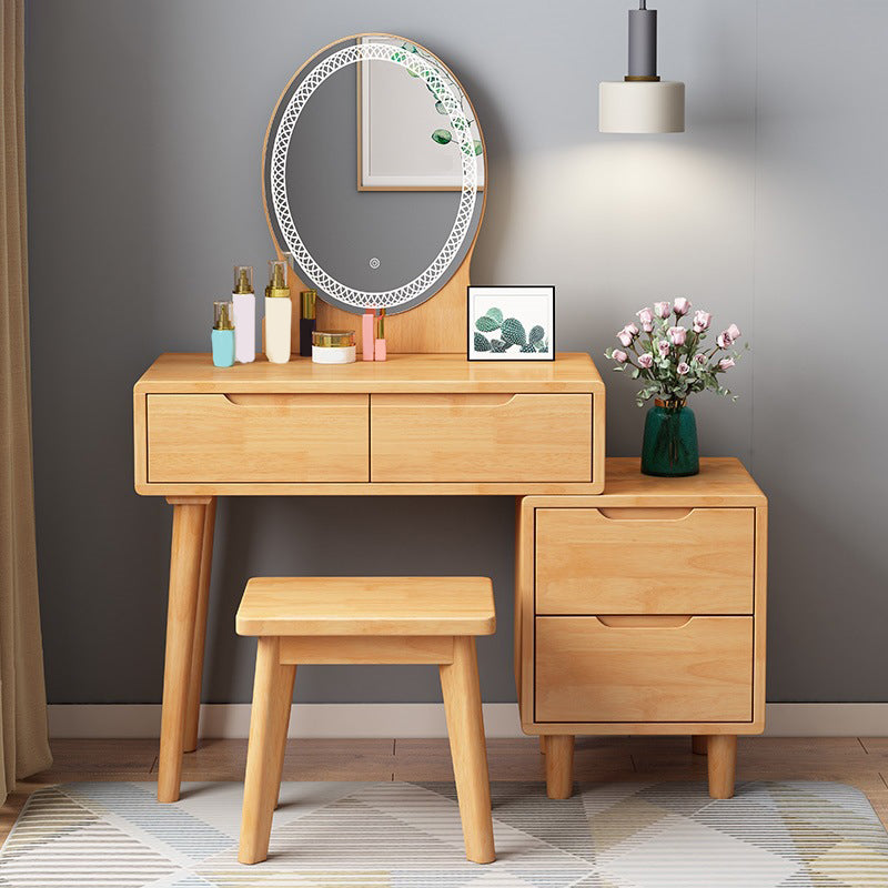 31. 5" W Wood Vanity Table with Mirror & Stool 4 Drawers Simple Makeup Vanity Table Set