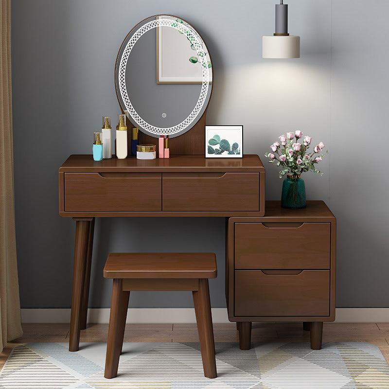 31. 5" W Wood Vanity Table with Mirror & Stool 4 Drawers Simple Makeup Vanity Table Set