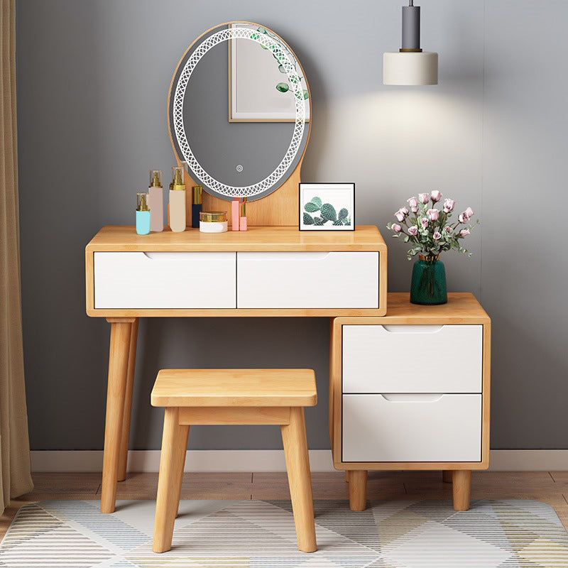 31. 5" W Wood Vanity Table with Mirror & Stool 4 Drawers Simple Makeup Vanity Table Set