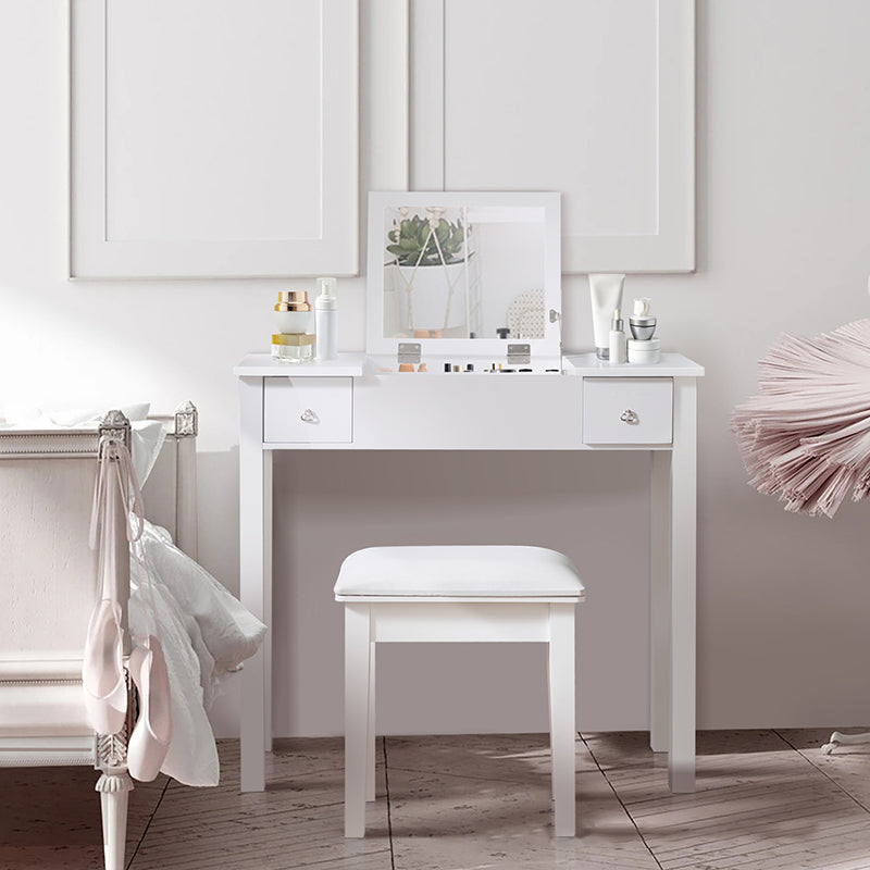 Flip Single Mirror Vanity Desk Double Drawers Straight Feet Dresser in White
