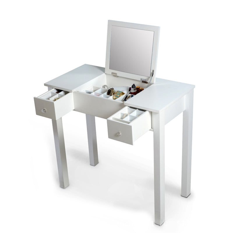 Flip Single Mirror Vanity Desk Double Drawers Straight Feet Dresser in White