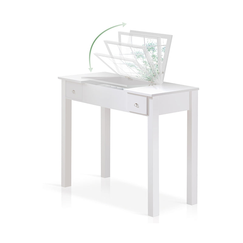 Flip Single Mirror Vanity Desk Double Drawers Straight Feet Dresser in White