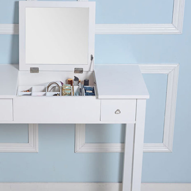 Flip Single Mirror Vanity Desk Double Drawers Straight Feet Dresser in White