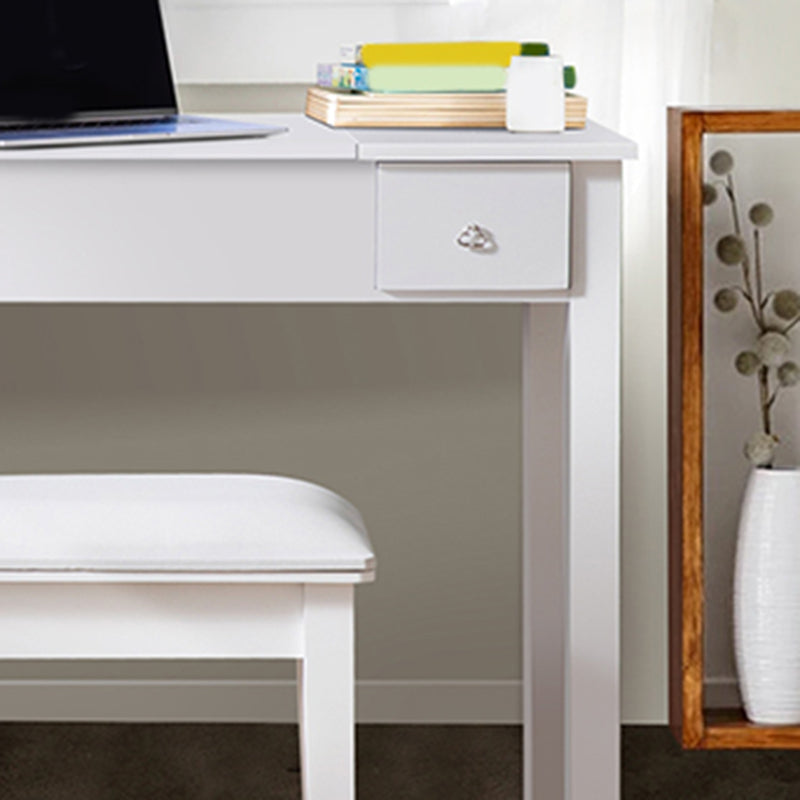 Flip Single Mirror Vanity Desk Double Drawers Straight Feet Dresser in White