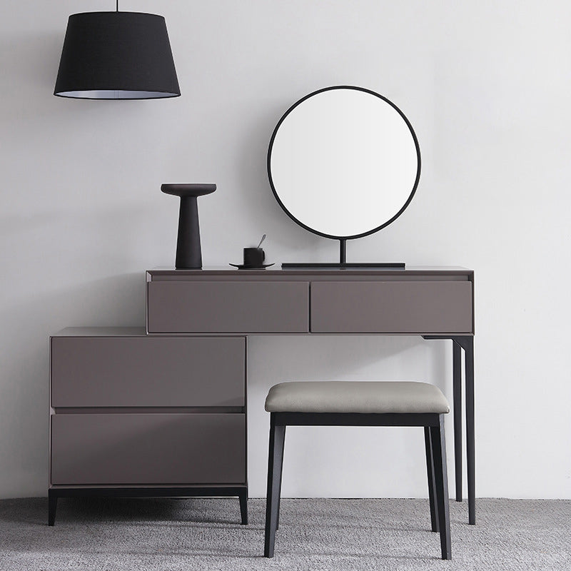 Modern Gray Vanity Mirrored Wood Makeup Dressing Table Stool Set