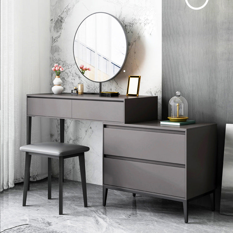 Modern Gray Vanity Mirrored Wood Makeup Dressing Table Stool Set
