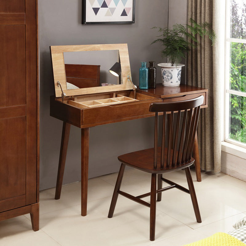 Scandinavian Wood Dressing Table Mirrored Makeup Vanity Stool Set