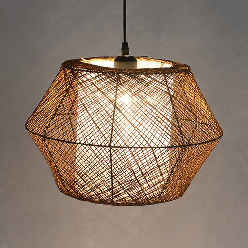 Handmade Ceiling Pendant Light with Geometric Shade Asian Style Rattan Fiber 1 Light Beige Suspended Lamp