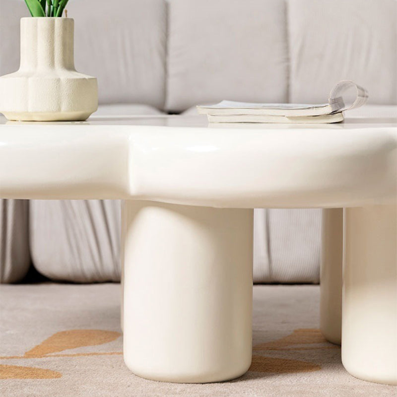 Contemporary White Coffee Table in Free Form with 4 Wooden Legs