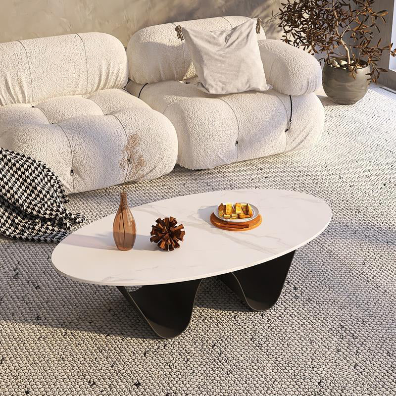 Glam Style Stone Top Coffee Table with Steel Base in Oval Cocktail Table