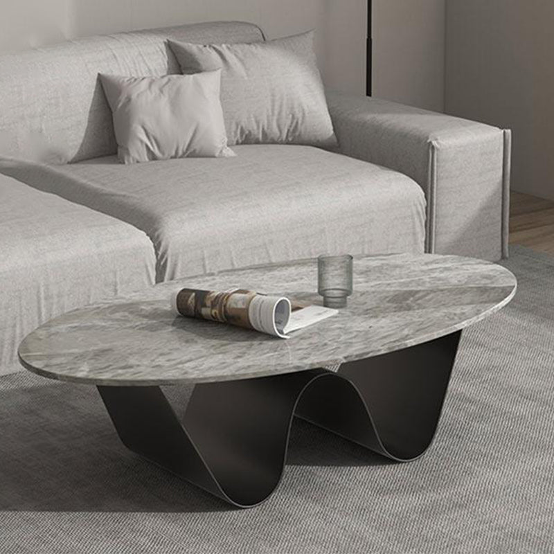 Glam Style Stone Top Coffee Table with Steel Base in Oval Cocktail Table