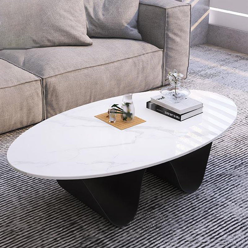 Glam Style Stone Top Coffee Table with Steel Base in Oval Cocktail Table