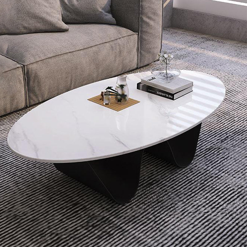Glam Style Stone Top Coffee Table with Steel Base in Oval Cocktail Table