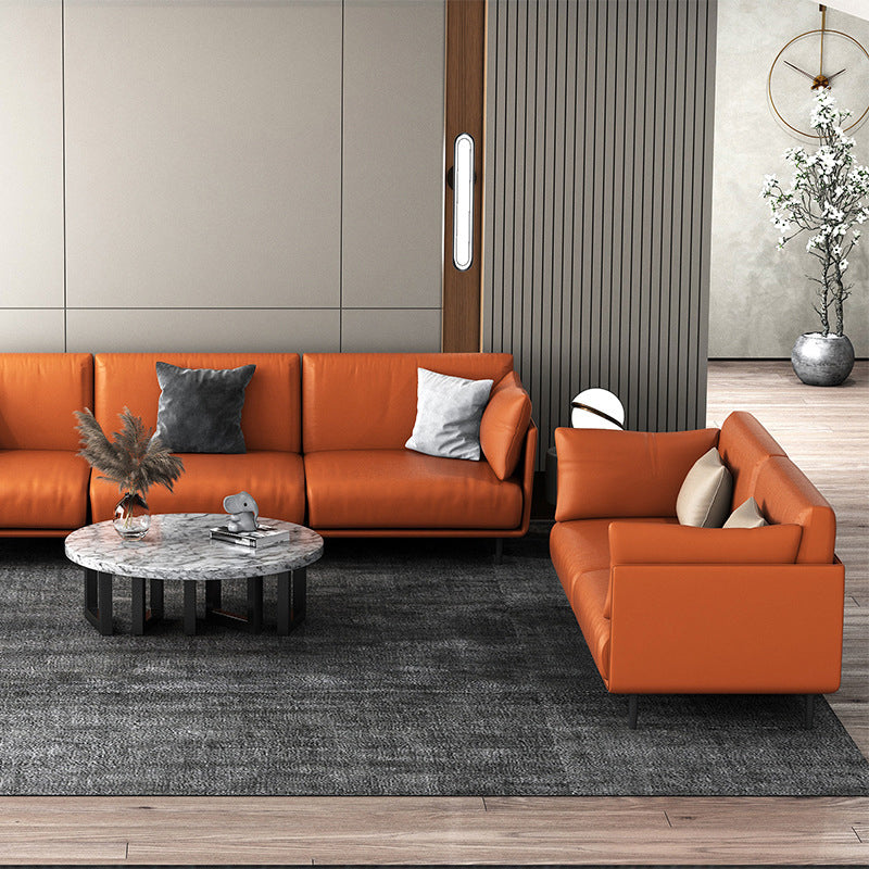 Faux Leather Orange Sofa Pillow Top Arm Sofa with Metal Legs
