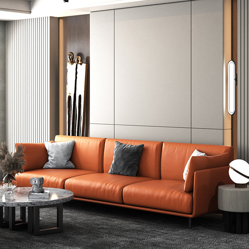 Faux Leather Orange Sofa Pillow Top Arm Sofa with Metal Legs