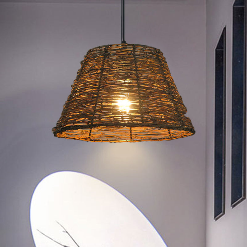 1 Bulb Restaurant Hanging Pendant Light with Conic Rattan Shade Asian Style Beige/Brown Ceiling Lighting