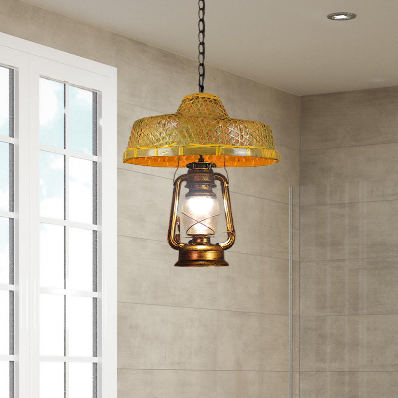 South-East Asienhut geformte hängende Lampe Rattan 15 "/16,5" W 1-Kopf-Innenpendellicht mit Laternschatten in Beige