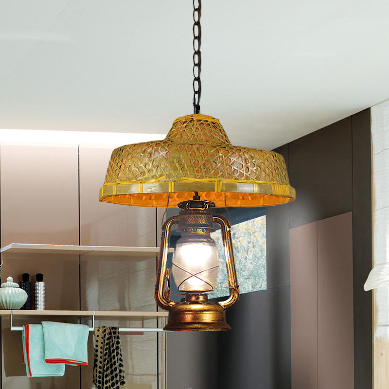South-East Asienhut geformte hängende Lampe Rattan 15 "/16,5" W 1-Kopf-Innenpendellicht mit Laternschatten in Beige