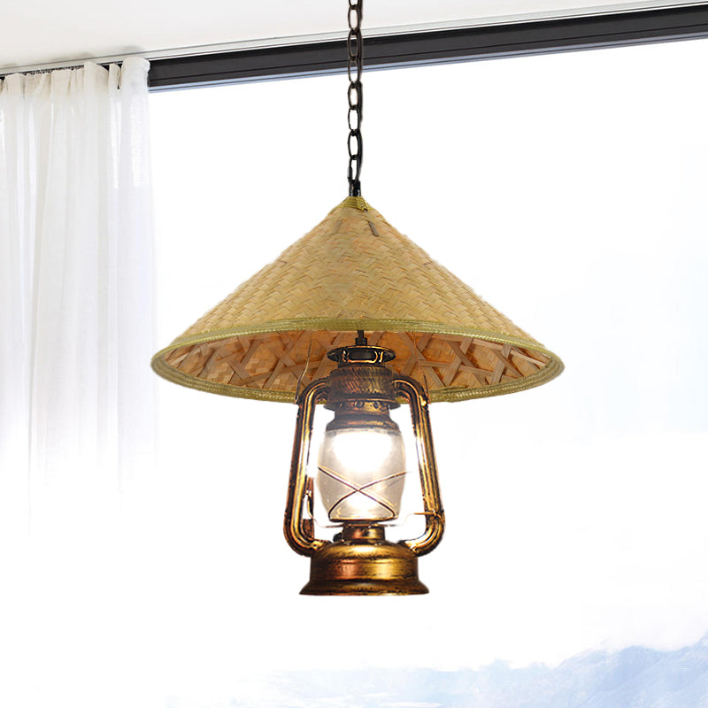 South-East Asienhut geformte hängende Lampe Rattan 15 "/16,5" W 1-Kopf-Innenpendellicht mit Laternschatten in Beige