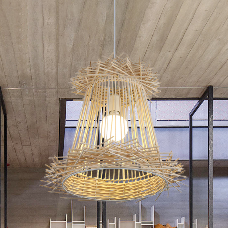 Lámpara colgante de techo de techo de techo de cono de ratán Una luz de madera ligera para el comedor