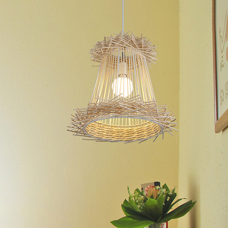 Lámpara colgante de techo de techo de techo de cono de ratán Una luz de madera ligera para el comedor