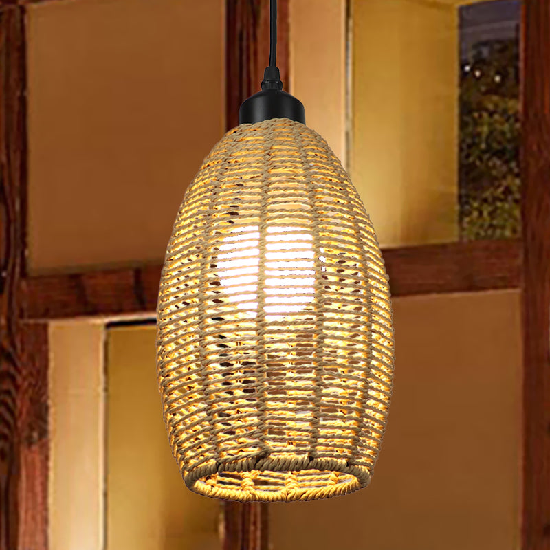 1/3-Licht-Restaurant Hanging Pendellicht mit ovalem Rattan-Schatten Asiatischer beige Deckenlampe, runder/linearer Baldachin