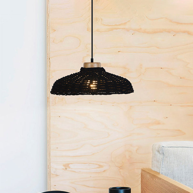 Beige/Black Barn Shade Pendant Lamp Asian Style 1 Light Rattan Height Adjustable Hanging Ceiling Light, 12.5"/18" W