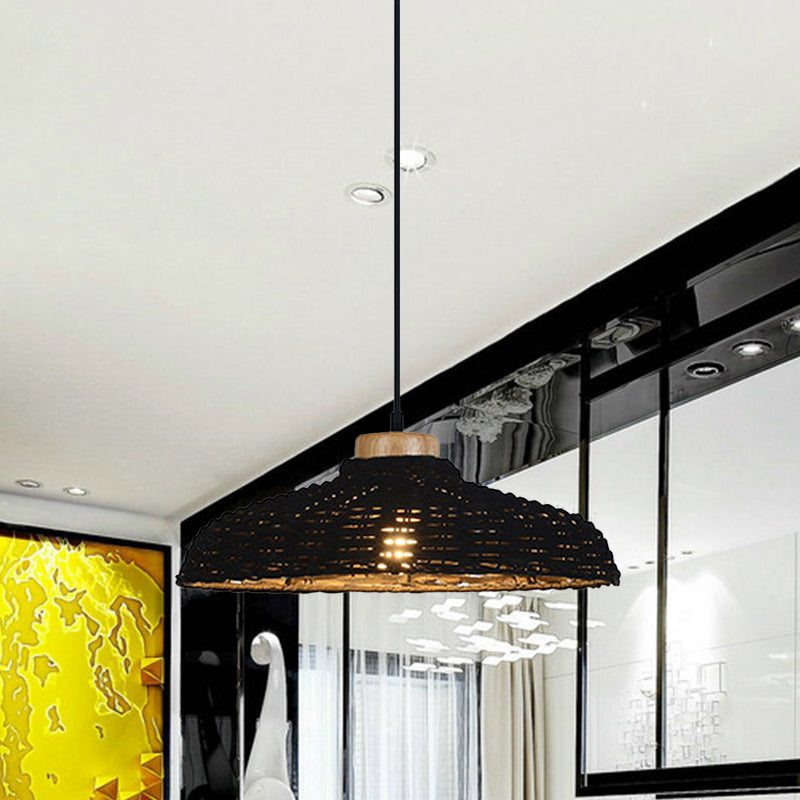 Beige/Black Barn Shade Pendant Lamp Asian Style 1 Light Rattan Height Adjustable Hanging Ceiling Light, 12.5"/18" W