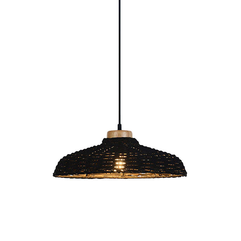 Beige/Black Barn Shade Pendant Lamp Asian Style 1 Light Rattan Height Adjustable Hanging Ceiling Light, 12.5"/18" W