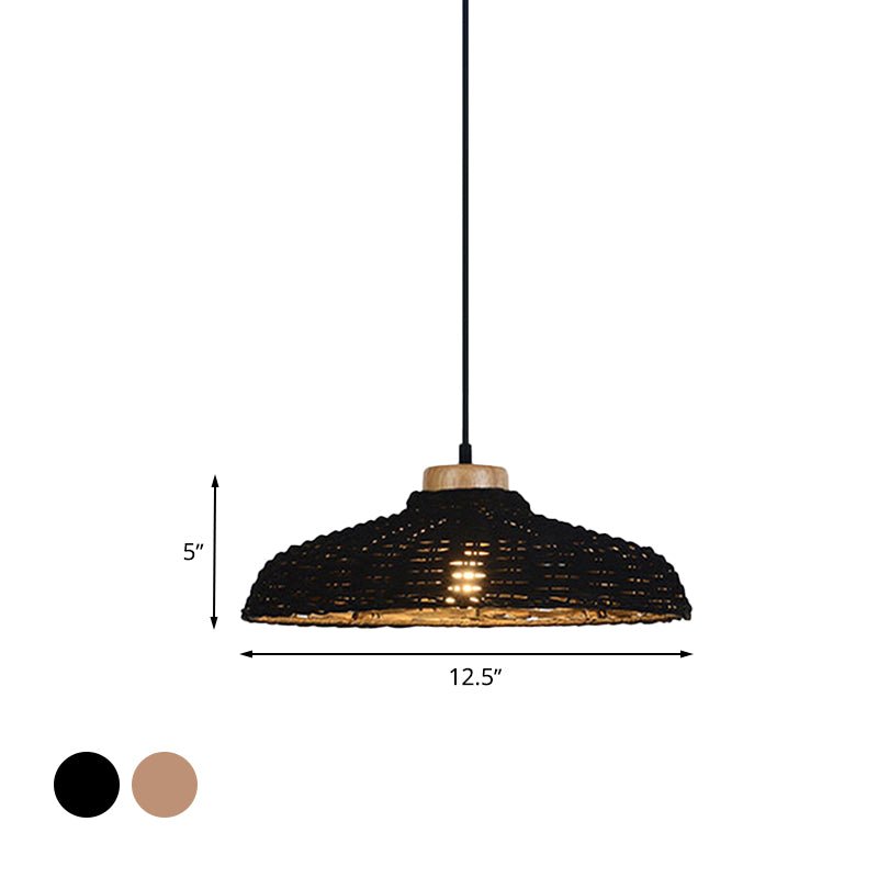 Beige/Black Barn Shade Pendant Lamp Asian Style 1 Light Rattan Height Adjustable Hanging Ceiling Light, 12.5"/18" W