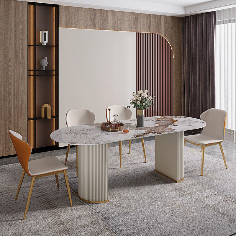 Contemporary Dining Table Stainless Steel Base Oval Double Pedestal Table for Home